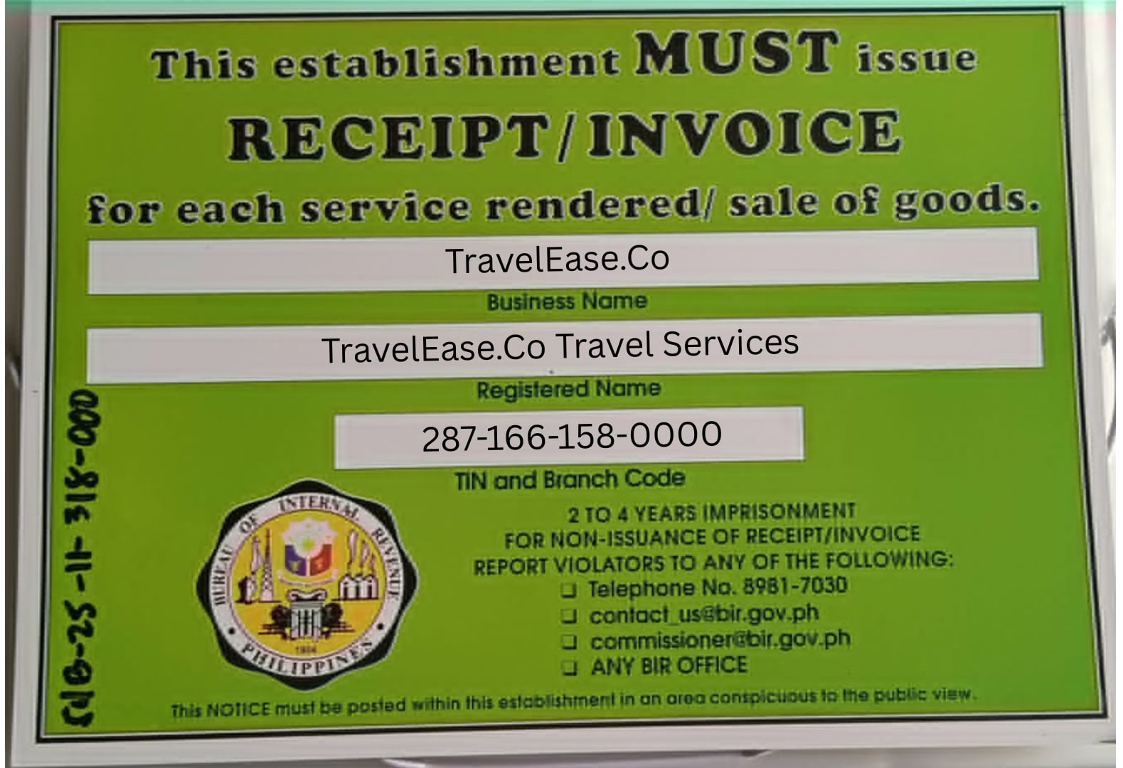 TravelEase.Co - BIR Official Receipt/Invoice Compliance Notice